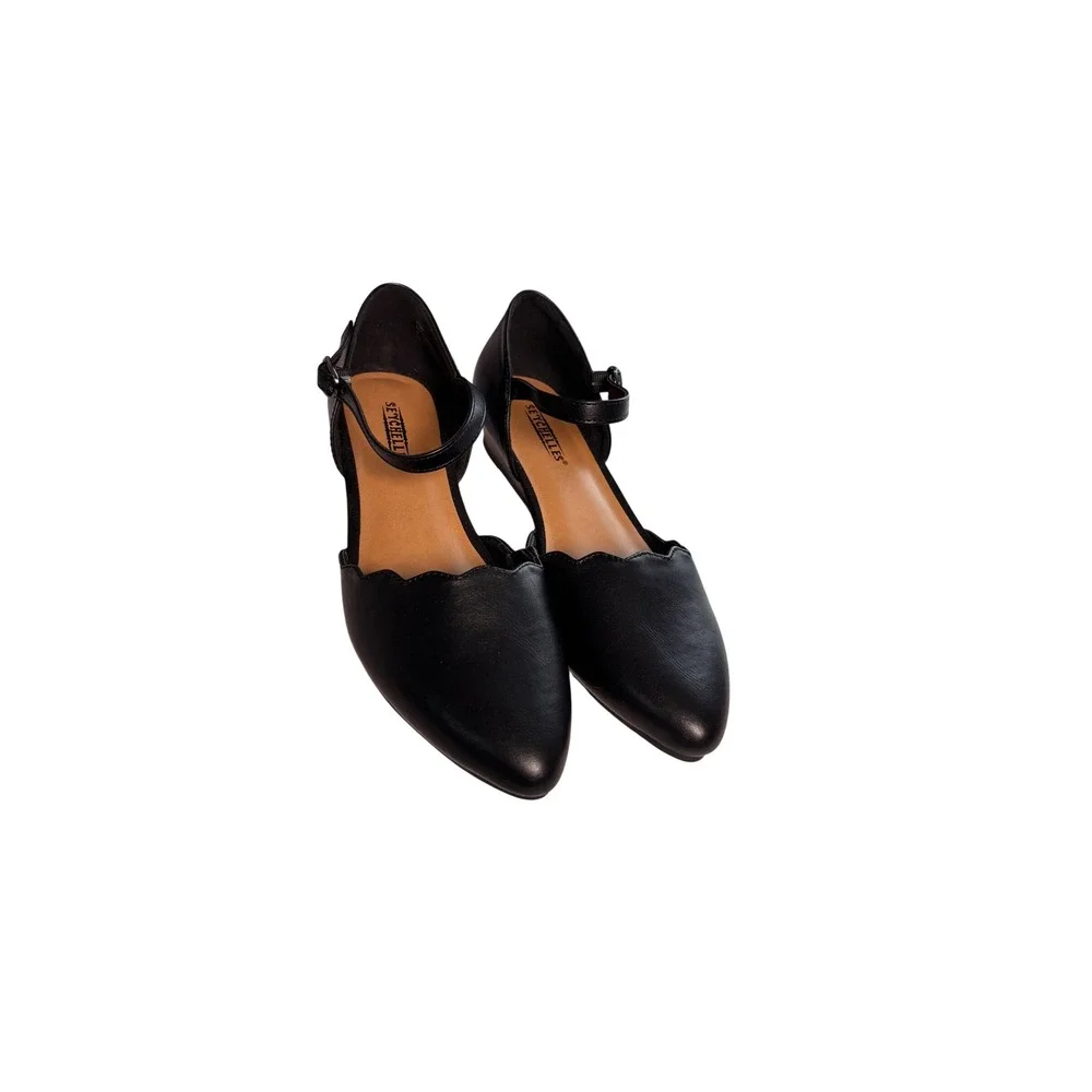 Seychelles Violet Wedge Shoes 7.5W Black Scalloped d'Orsay Pointed Toe Chic